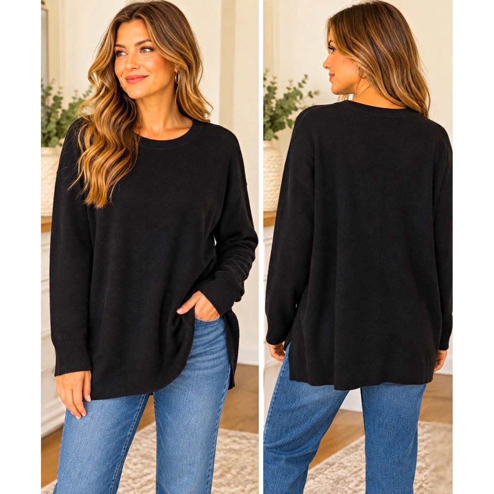 Neiman Marcus Cashmere Collection Sweater One Size Black Crewneck Knit